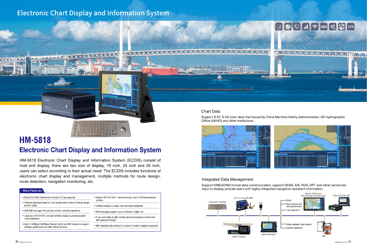 XINUO catalog pages 20 and 21 showing HM-5818 chart and integrated data functions