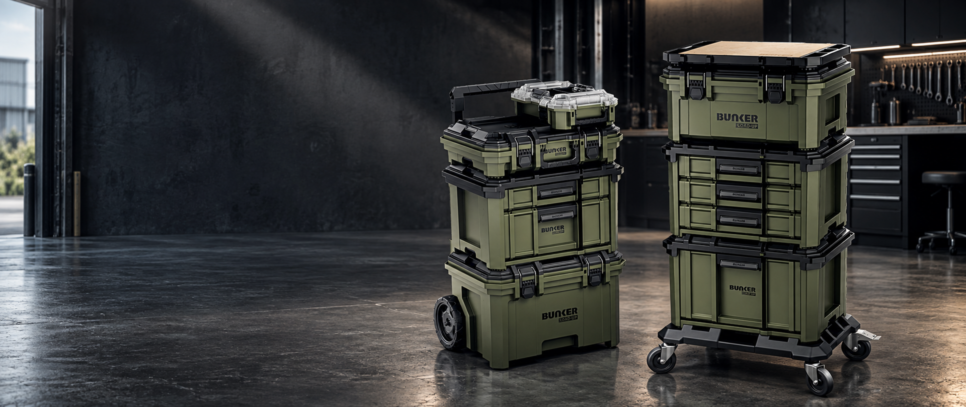 Two BUNKER tool storage stacks in a dark workshop