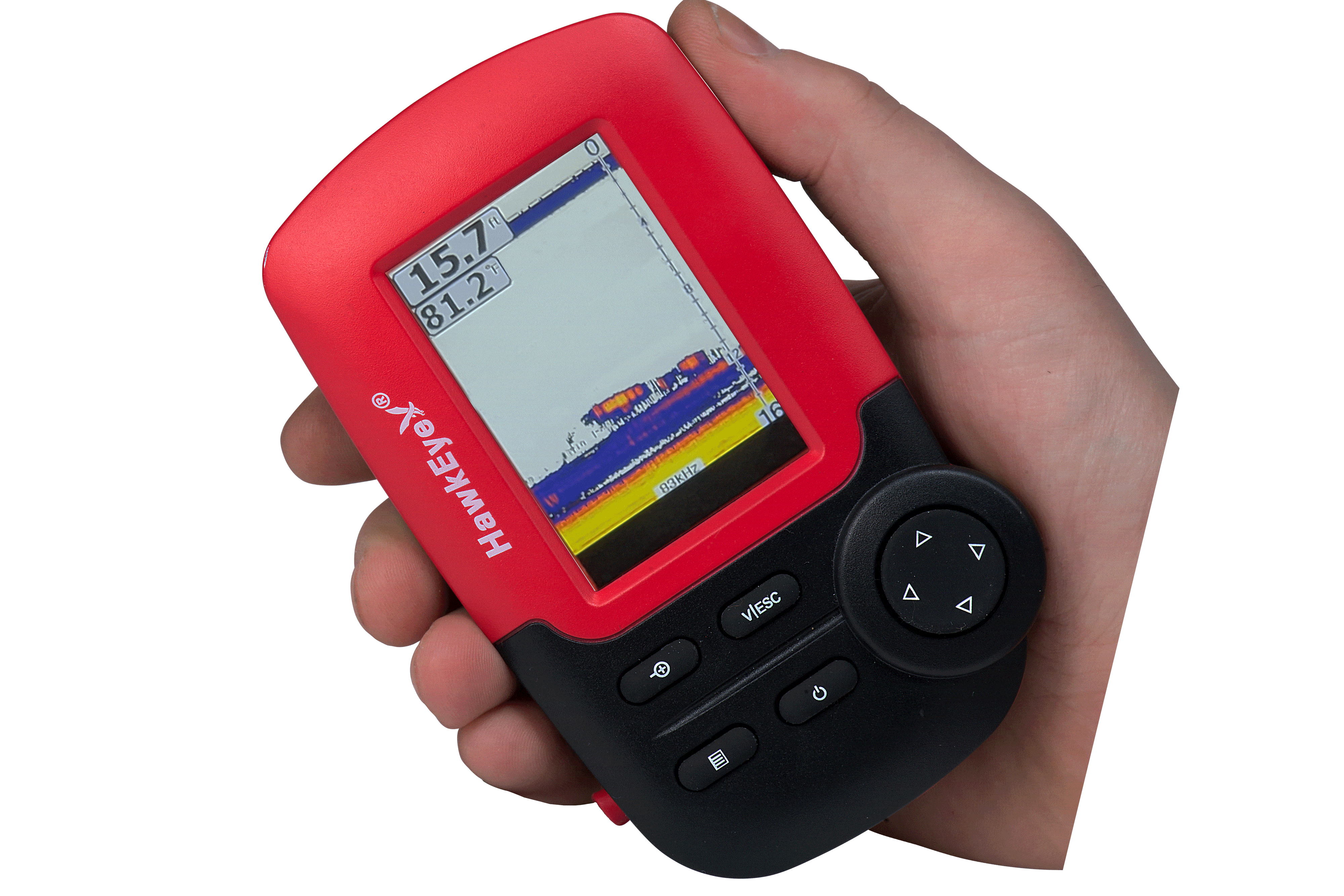 Official HawkEye FishTrax 1C portable fish finder held in hand