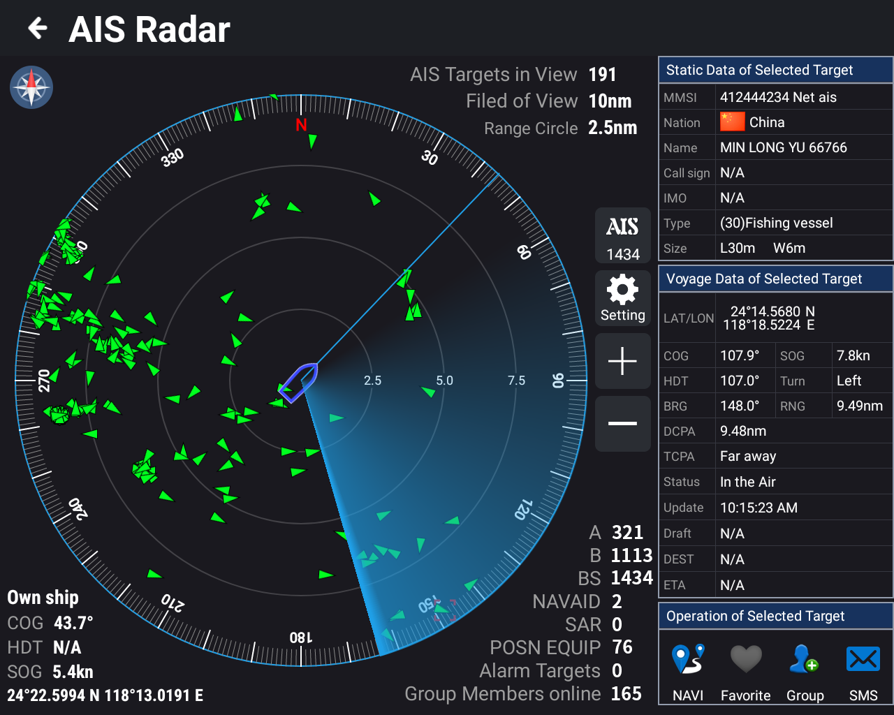 XINUO AIS interface with target plot and vessel information list